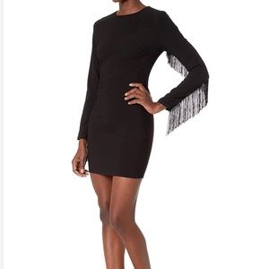 Likely "Quinley" cocktail dress with tonal fringe. Crew neckline.